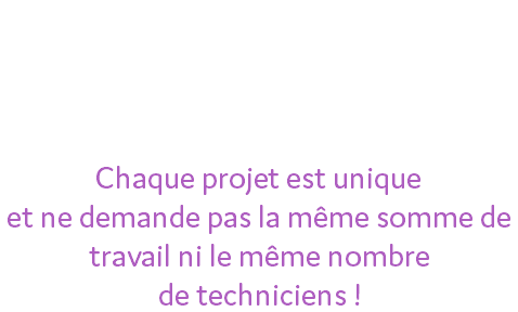 Votre mariage doit être étudié en amont pour affiner le devis précisément et selon votre budget ! Chaque projet est unique et ne demande pas la même somme de travail ni le même nombre de techniciens !